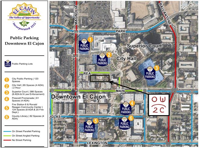 A map of downtown El Cajon showing locatoin of public parking