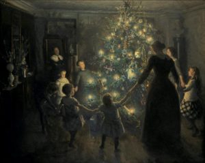 Danish Family celebrating Christmas around Christmas Tree